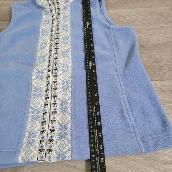 LL Bean Blue Vest Full Zip Size M Fair Isle Trim Knit Fleece Soft Side Pockets - Picture 6 of 11